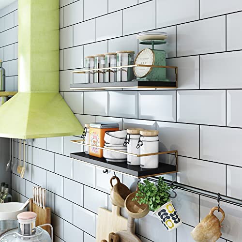 Shario Floating Shelves - Set of 2, Wall Mounted Hanging Shelves with Golden Towel Rack, Decorative Storage Shelves for Bathroom, Kitchen, Living Room & Bedroom (Black Gold, 15.7 Inches) - color: Black Gold