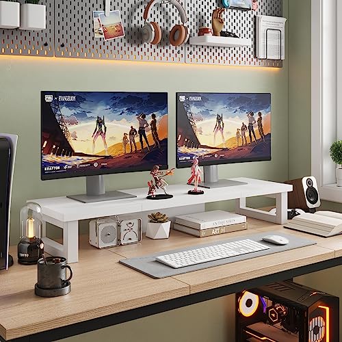WESTREE Dual Monitor Stand Riser, Wood and Steel Monitor Stand Riser, Computer Monitor Stand for 2 Monitors, Multi-Purpose Desktop Storage Stand for Computer,Laptop,Printer,TV - color: White