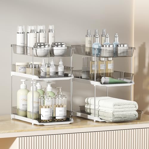 Delamu 2 Pack 3-Tier Bathroom Under Sink Organizers and Storage, Multi-Purpose Stackable Pantry Organization and Storage, Pull Out Clear Kitchen Bathroom Cabinet Organizer with Movable Dividers, Grey - color: Grey, size: 2 Pack 3-Tier