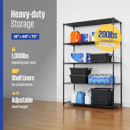 SafeRacks - NSF Certified Storage Shelves, Zinc, Heavy Duty Steel Wire Unit with Adjustable Feet, Garage or Bakers Rack, Kitchen, Pantry Shelf - (48"x18"x72" 5-Tier) (Black) - color: Black, size: 18"x48"x72" 5-Tier