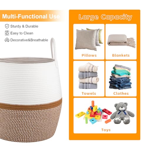 OIAHOMY 60L Blanket Basket with Handle, Storage Basket for Living Room, Laundry Hamper for Clothes, Towels, Pillows, Toy Storage for Kids and Dogs, Baby Hamper for Nursery - Brown & White - color: Brown & White, size: 60L