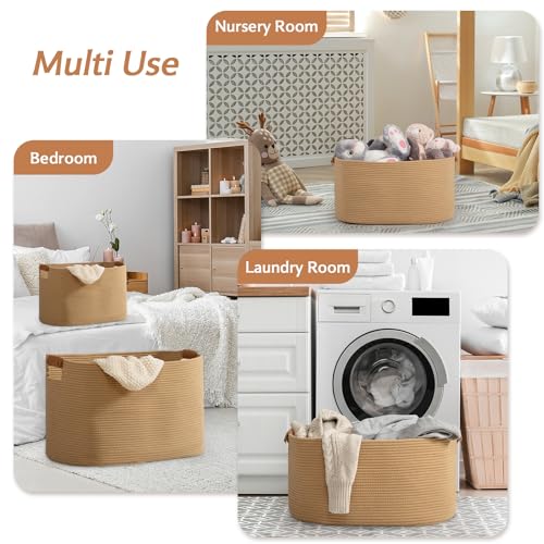 danpinera 108 L Blanket Basket for Living Room, Toy Basket With Leather Handle, Large Storage Bins for Toys, Pillows, Clothes, Rectangle Large Cotton Rope Basket, 25’’*16’’*16’’ Jute - color: Jute, size: 108L
