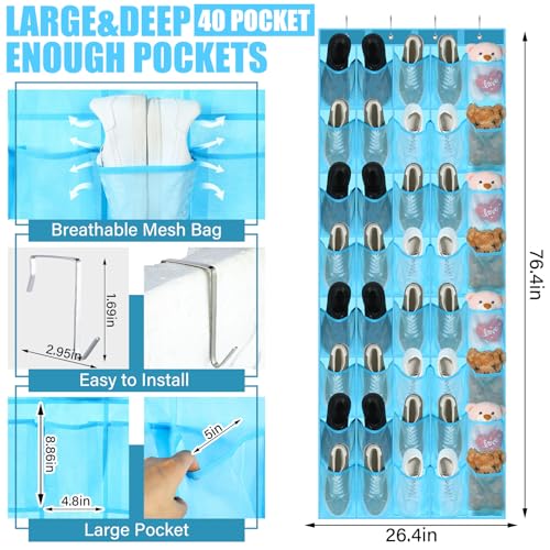 Windyun 40 over the Door Shoe Organizer Large Mesh Pocket Hanging Shoe Rack for Closet Sky Blue Nonslip Behind Door Storage Holder Back to School Organizer for Dorm Room College Classroom Storage - color: Sky Blue