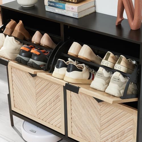 Shoe Cabinet Storage with 4 Flip Drawers, Narrow Hidden Shoes Organizer Cabinet for Entryway, Freestanding Slim Shoe Rack Front Door Entrance(Oak&Black) - color: Oak&black, size: Large