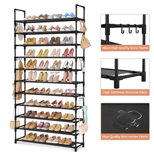 LANTEFUL 11 Tiers Tall Shoe Rack Holds 55 Pairs of Shoes with 18pcs Hooks Sturdy Wide Shoe Organizer Storage Free Standing Metal Shoe Shelf for Closet, Entryway Black - color: Black, size: 11 Tier-74.8" High-34" Wide