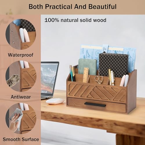 dreampossible Brown Wood Desk Organizer and Accessories with Drawer, Bill Mail Organizer and File Mail Holder for Office Supplies, Modern Desk Accessories & Workspace Organizers for Desk Organization - color: Brown A
