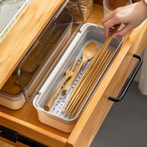 Plastic Kitchen Drawer Organizer with Lid and Drainer Stackable Utensil Holder for Countertop Silverware Tray Flatware Organizers - 13x4.7x2.4 Inch Spatula Cutlery Storage Box - color: Clear White