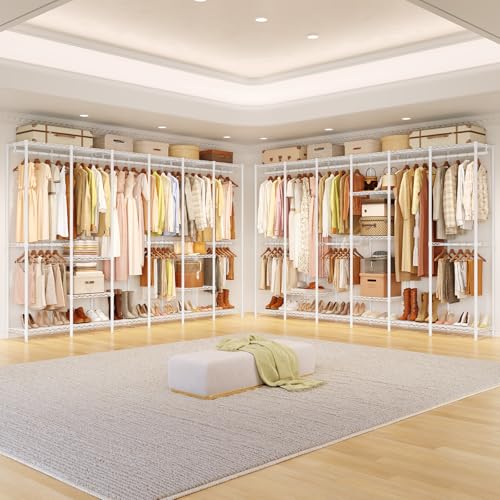 ONBRILL F6 Free Standing Industrial Pipe Clothes Rack, Large Heavy Duty Metal Garment Rack, Closet Organizer Storage System with Adjustable Shelves & Hanging Rods, Portable Wardrobe - White - color: White