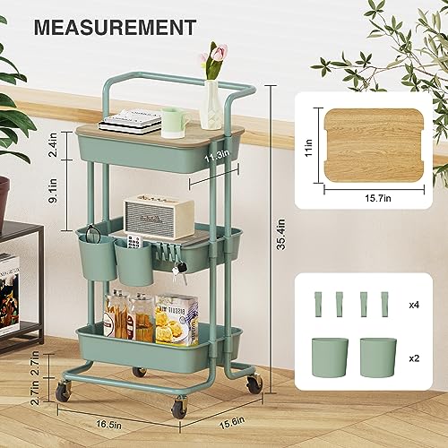 DTK 3 Tier Rolling Utility Cart with Cover Top Board, Movable Kitchen Storage Cart Trolley with Lockable Wheels, Cups, Hooks for Kitchen Bathroom Home Office Art Craft Storage(Turquoise/Green) - color: Green, size: Medium