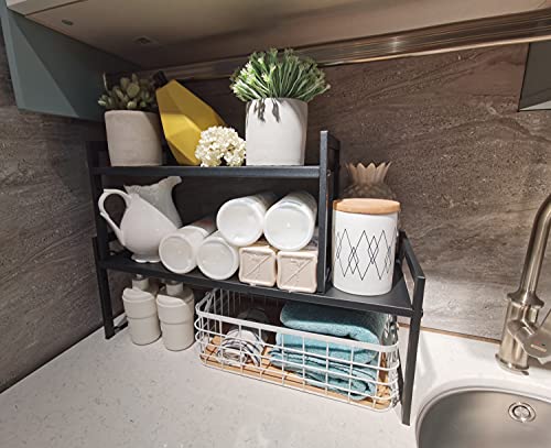 Expandable Cabinet Shelf Organizer 16-26" L Stackable Kitchen Counter Shelf Sink Rack Countertop Storage Black (Wide 10.6”D) - color: Black, size: 10.6"D (wide) - 1 Pack