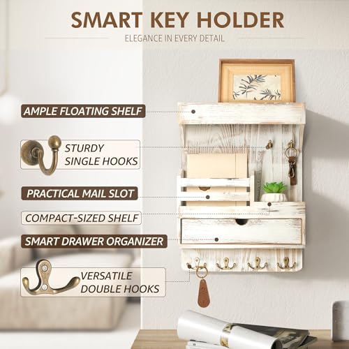 Rebee Vision Farmhouse Key Holder Wall Mount with Drawer Organizer – Pine Wooden Mail and Key Organizer for Wall with 6 Rustic Hooks & Floating Shelf – Chic Home Decor Accent (Whitewash) - color: Whitewash, style: Large Drawer