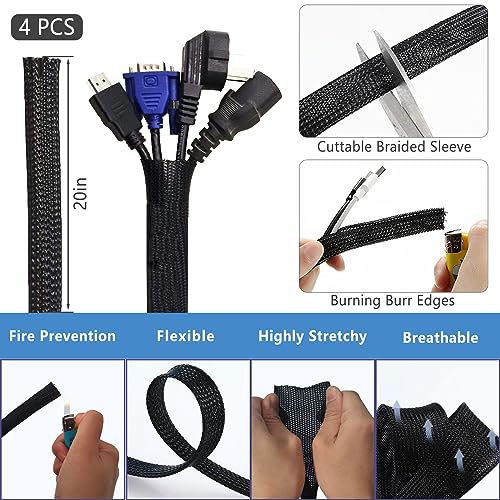 ELII 300PCS Cable Management Kit,4 Cable Sleeve 35 Cable Clips with 11Cord Holders,20 Roll Cable Organizer Straps and 200 Fastening Cable Ties,20 Cable Zip Tie Mounts for Computer TV Under Desk - color: Black