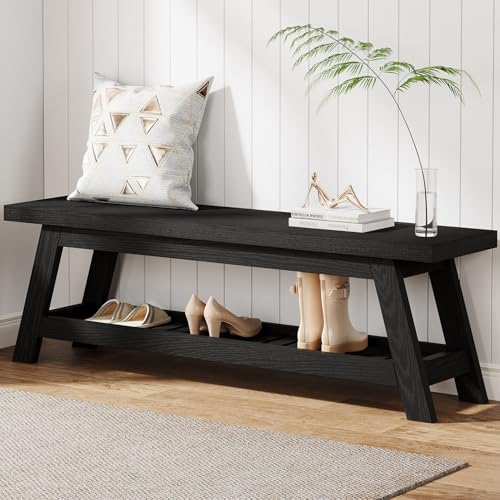 Tribesigns Wood Black 2-Tier Entryway Bench with Shoe Storage, 55" Large Narrow Hallway Foyer Seating Bench with Open Shelves for Entryway, Bedroom, Mudroom - color: Black