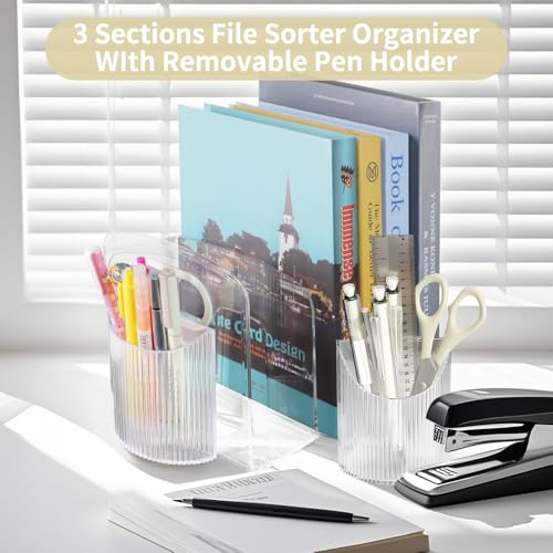 2pcs Mail Organizer File Sorters, Acrylic File Organizer with Pen Holder, Desk Clear Purse Handbag Storage Desktop Divider for Home Office Supplies 3 Sections