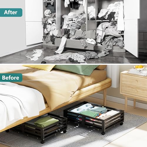 Wisuce Bamboo Under Bed Storage Containers- Underbed Organizer with Wheels with Dust Bag,Sturdy Wood Rolling Under the Bed Shoe Storage Organizer Drawers (Black, 2 Pack (23.62"×16.54")) - color: Black, size: 2 Pack (23.62"×16.54")