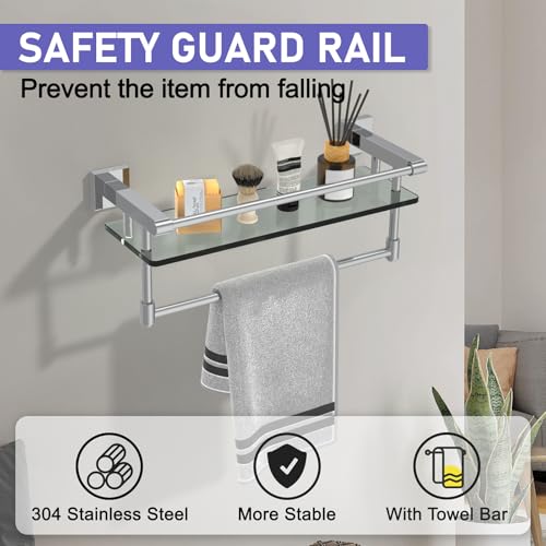 Glass Shelf for Bathroom 16 in Bathroom Shelves with Towel Bar Tempered Glass Shelves with Stainless Steel Towel Holder for Wall (Chrome Polished) - color: Chrome Polished, size: 16-inch with Railing