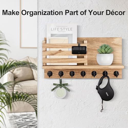 Lwenki Key Holder for Wall – Decorative Wooden Mail Holder and Key Shelf with Mounting Hardware, Installation Guide – Paulownia Wood with Metal Key Hooks (Wood, Extra Large - 15.6inch) - color: Wood, size: Extra Large - 15.6inch