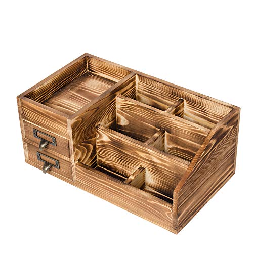 Liry Products Rustic Wooden Desktop Organizer Office Supplies Brown Tabletop Storage Cabinet Stepped Rack Multiple Compartments 2 Tier Drawers Makeup Accessory Jewelry Sorter Display Box Home Office - color: Brown