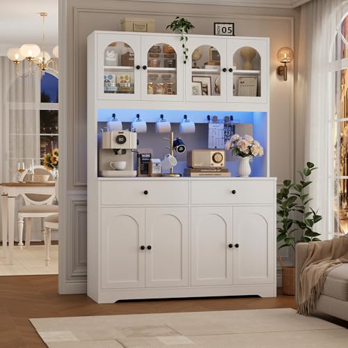 HIFIT 71" LED Kitchen Pantry Cabinet with Power Outlet, Large Kitchen Hutch Storage Cabinet with Arched Door & Shelves & 2 Drawers, Tall Modern Coffee Bar with Hutch for Home Dining Living Room, White - color: White