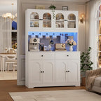 HIFIT 71" LED Kitchen Pantry Cabinet with Power Outlet, Large Kitchen Hutch Storage Cabinet with Arched Door & Shelves & 2 Drawers, Tall Modern Coffee Bar with Hutch for Home Dining Living Room, White - color: White