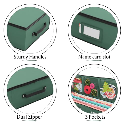 Primode Wrapping Paper Storage Container | Gift Wrap Organizer Under Bed | 41”x14”x6” | Box Holder for 18-24 Rolls Up to 40” | 600D Oxford Material | Pockets for Ribbon, Bows, and Accessories (Green) - color: Green