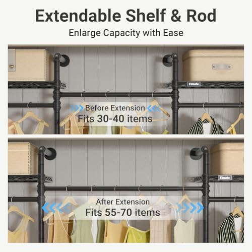 Timate F3 Medium Wall Mounted Clothes rack Expandable Closet, Industrial Pipe Clothing Rack for Hanging Clothes, Heavy Duty Clothes Rack with Shelves, Garment Rack Wall Closet System Black Pipe Closet - color: Black, size: F3 Medium