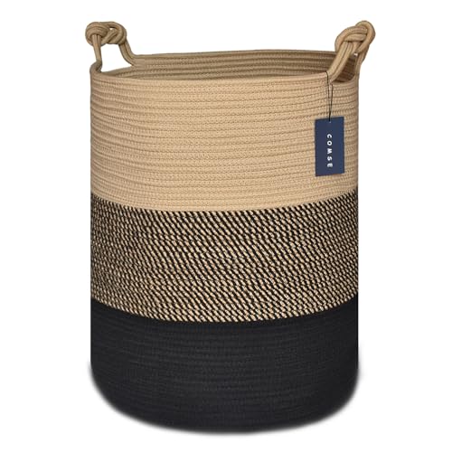 COMSE Extra Large Blanket Basket, Tall Woven Storage Basket, Nursery Hamper, 15.7”x 21.7”, Cotton Rope Laundry Hamper for Toys Clothes Towels, Brown/Black - color: Brown & Black