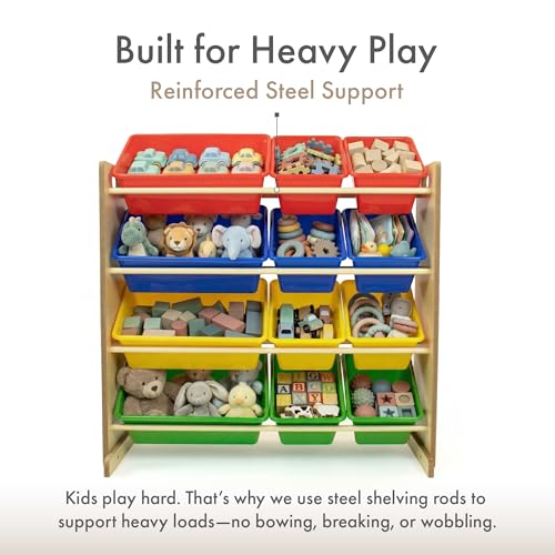 Humble Crew, Natural/Primary Kids' Toy Storage Organizer with 12 Plastic Bins, 34*35*15.5inch - color: Natural/Primary