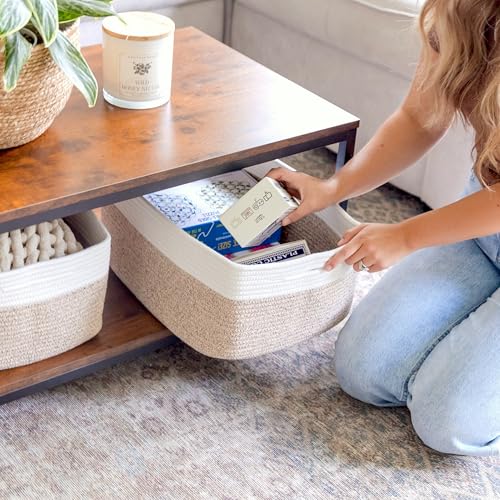 NaturalCozy Storage Baskets 16.8”x13”x7.6” Cotton Rope Woven Baskets for Organizing 3-Pack | Toy Storage Bins | Basket for Shelves, Laundry, Blanket, Clothes, Closet, Kitchen, Bathroom, Gifts - color: Off White & Mixed Brown