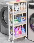 Giwil 4-Tier Slim Rolling Storage Cart for Kitchen Bathroom Organizer, Mobile Narrow Storage Cabinet Utility Cart with Wood Rack on Wheels for Pantry Laundry Small Space, White - size: White/Net Bar