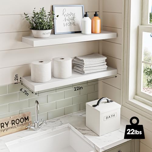 Fixwal White Shelves, 22" Long Floating Shelves for Living Room, Bedroom, Bathroom and Kitchen, Wall Mounted Shelves for Storage, Books, Room Decor Set of 2 - color: White, size: 22in