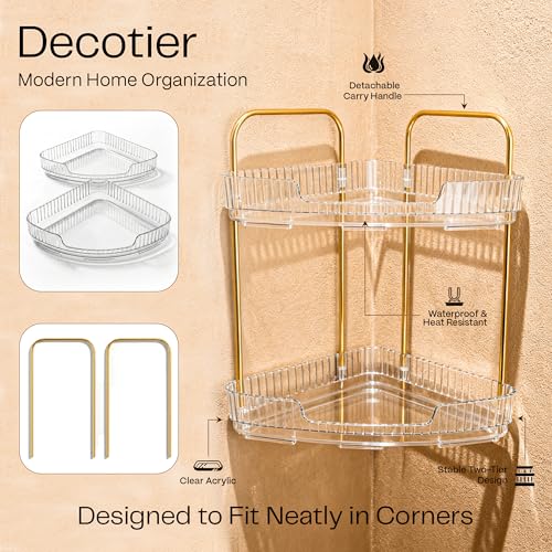2-Tier Acrylic Corner Bathroom Organizer with Handle Round Skincare & Makeup Storage Tray, Waterproof, Lightweight, Heat Resistant Vanity Shelf for Countertop, Kitchen, Bedroom, Dresser