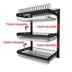 junyuan Hanging Dish Drying Rack Wall Mount,Dish Racks Drainer,3 Tier Kitchen Plate Organizer Storage Shelf with Drain Tray with 3 Hooks,Stainless Steel Black Large Ajustable Height - size: 3tier-Wall Mount