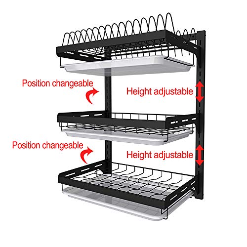 junyuan Hanging Dish Drying Rack Wall Mount,Dish Racks Drainer,3 Tier Kitchen Plate Organizer Storage Shelf with Drain Tray with 3 Hooks,Stainless Steel Black Large Ajustable Height - size: 3tier-Wall Mount