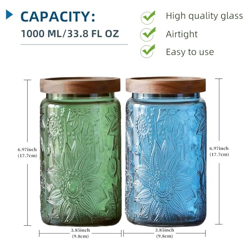 ANSQU Vintage Glass Storage Jar with Lid - 34 oz Mason Jar for Kitchen & Bathroom - Containers for Coffee, Tea, Cookies, Candy, Nuts, Pet Food, Bath Salts - Decorative Pantry Organizer (Blue & Green) - color: Green&Blue 2, size: 34 Ounces