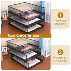 3 Pcs Black Metal Letter Tray, 3-Tier Stackable Paper Tray, Metal Mesh Desktop Organizer, Single Wire Mesh Organizer Front Load File Paper Holder, File Document Storage Rack for Office, School, Home