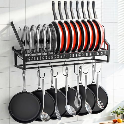 Housolution Pan Rack Wall Mounted, 24.8" Vertical Lid Organizer with 14 Adjustable Dividers, Heavy Duty Hanging Cookware Holder Hanger with 6 S-Hooks & 6 Vertical Hooks - color: Black, 1 Tier