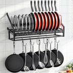 Housolution Pan Rack Wall Mounted, 24.8" Vertical Lid Organizer with 14 Adjustable Dividers, Heavy Duty Hanging Cookware Holder Hanger with 6 S-Hooks & 6 Vertical Hooks - color: Black, 1 Tier