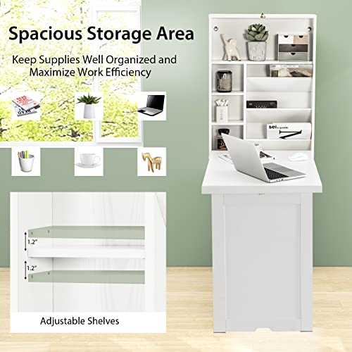 Tangkula Foldable Wall Mounted Desk, Floating Table with Storage Shelves & Hooks, Space-Saving Fold-Up Murphy Desk for Small Spaces, Home Office, Dorm Room - color: White
