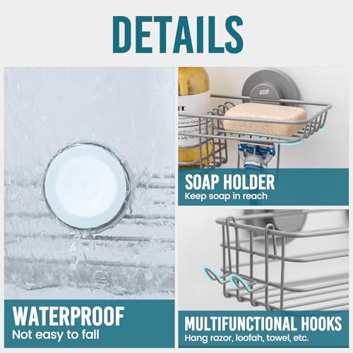 TAILI Shower Caddy Suction Cup with Hooks & Soap Holder, Heavy Duty Bathroom Shower Organizer, No Drilling Shower Shelves for Inside Bathroom, Metal Storage Holder-Grey - style: 1 × Grey