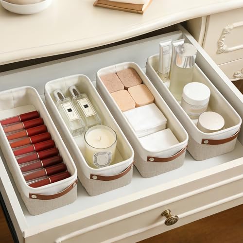 Bagnizer Small Fabric Storage Baskets, 15x6x5 inch Narrow Storage Bins 4-Pack Long Storage Basket for Organizing with Handles, Decorative Basket for Closets, Shelves, Toilet Paper, Beige - color: Beige / Off-White, size: Narrow-15"x6"x5"