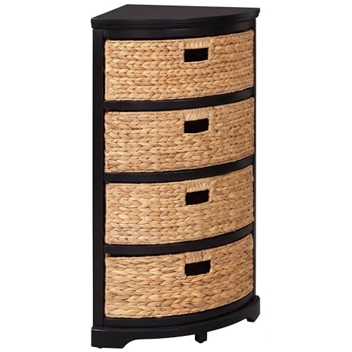 eHemco Hampton Meadows 4 Tier X-Side Corner Table Storage Cabinet with 4 Wicker Baskets, Black - color: Black, size: 14"D x 14"W x 32.2"H (4 Drawers)