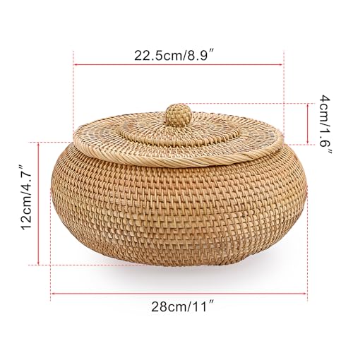Hipiwe Round Rattan Boxes with Lid Natural Woven Storage Basket Bin Multi-Purpose Wicker Tray Weaving Decorative Shelf Basket Farmhouse Picnic Bread Fruit Table Storage Basket - size: Large，8.9"D x 4.7"H
