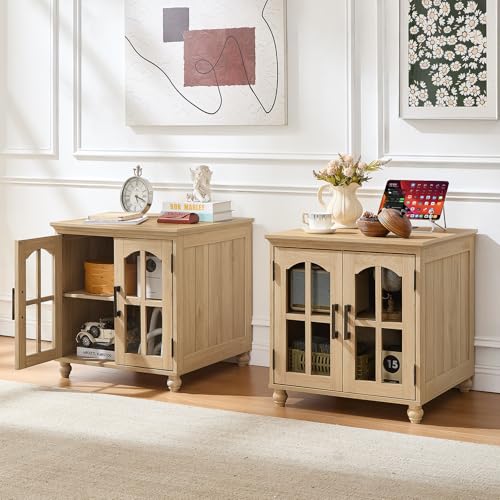 RWYHG Farmhouse 24" End Table Set of 2 with Charging Station, Large Sofa Side Table with Glass Barn Door,Wood Night Stand with Adjustable Storage Shelf,Square Bedside Table for Living Room,Bedroom - color: Natural Wood, size: Set 2