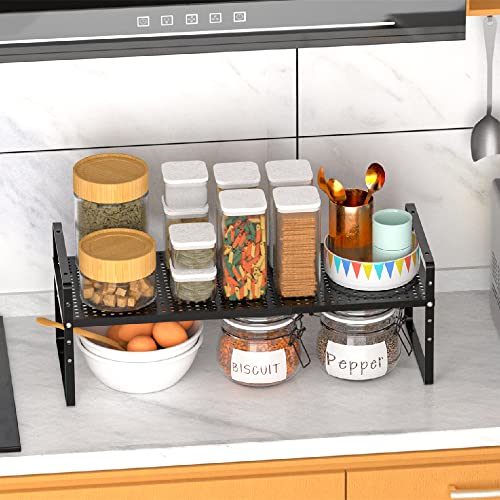 Expandable Kitchen Cabinet Shelf Organizers, Stackable Metal Pantry Storage Shelves Rack, Adjustable Counter Spice Shelf for Cabinets, Countertop, Cupboard, 2 Pack, Black - color: Black-2pack
