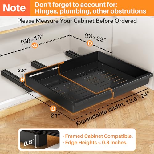 Pull out Cabinet Organizer, 2-Pack Expandable(13.6"-24") Silde out Drawers with Raising Pad for Framed Cabinets, Adjustable Full-Extension Adhesive Roll out Shelves for Kitchen Pantry Home Pot and Pan - color: Black, size: (13.6''-24'')Wide-21''Deep (2Pac