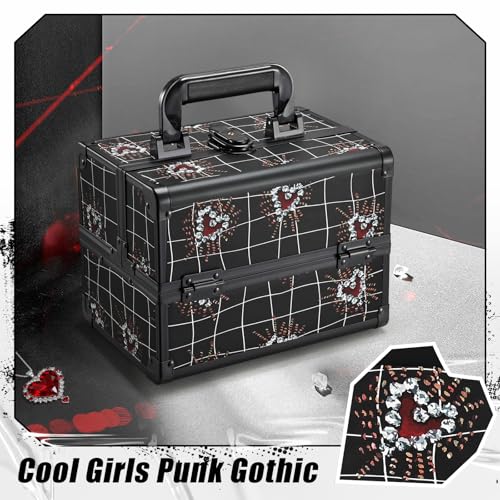 Joligrace Makeup Train Case Portable Makeup Case Organizer 2 Trays Cosmetic Box Storage with Mirror Lockable with Key for Cosmetics Nail Tech Traveling Makeup Travel Box Punk Love Hearts - color: Red Black
