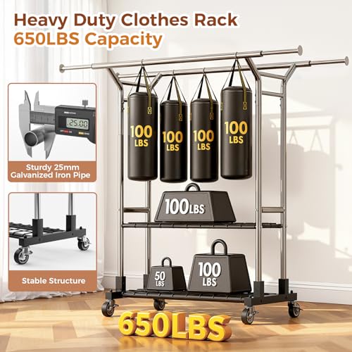 Luxspire Heavy Duty Clothes Rack Load 650 LBS, Double Rod Clothing Racks for Hanging Clothes, Rolling Garment Racks with Lockable Wheels, Shelves, Adjustable Laundry Hanging Rack, Silver - color: Silver
