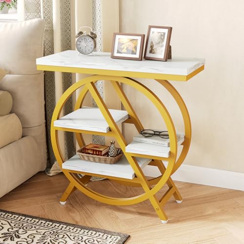 LITTLE TREE End Table, 4-Tier Narrow Faux Marble Side Table with Large Storage Space, Modern Nightstand and Bedside Table for Living Room, Home Office, Bedroom, White and Gold - color: White and Gold