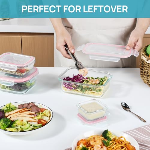 Vtopmart 8 Pack Glass Food Storage Containers with Airtight Lids, Glass Meal Prep Containers, Lunch Containers for Microwave, Oven, Freezer and Dishwasher, BPA Free - color: Pink